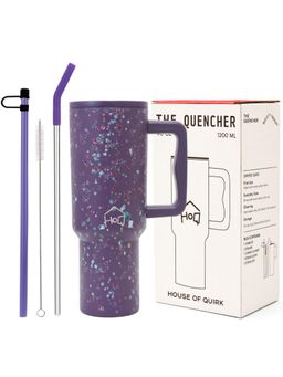 House of Quirk - Water Tumbler Hot - Cold with Handle & Lid 2 Straw 1200ML - Plum Terrazzo