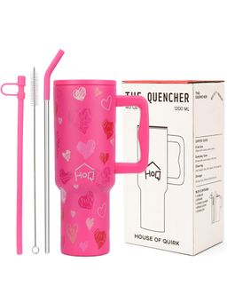 House of Quirk - Water Tumbler Hot - Cold with Handle & Lid 2 Straw 1200ML - Rose Heart
