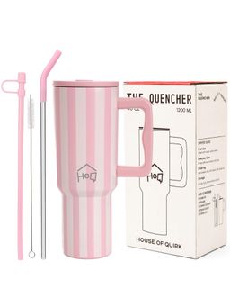 House of Quirk - 1200Ml Tumbler With Handle & Lid 2 Straws Travel Mug Water Cup Rose Stripe