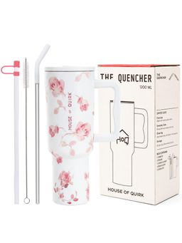 House of Quirk - 1200Ml Tumbler With Handle & Lid 2 Straws Travel Mug Water Cup Snow Rose