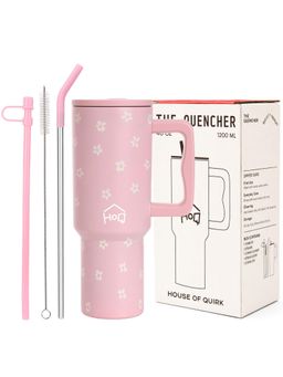 House of Quirk - 1200Ml Tumbler With Handle & Lid 2 Straws Travel Mug Water Cup Pink Daisy