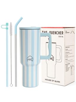House of Quirk - 1200Ml Tumbler With Handle & Lid 2 Straws Travel Mug Water Cup Coastal Stripe