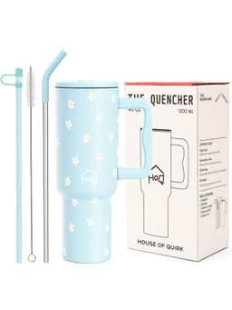 House of Quirk - 1200Ml Tumbler With Handle & Lid 2 Straws Travel Mug Water Cup Blue Daisy