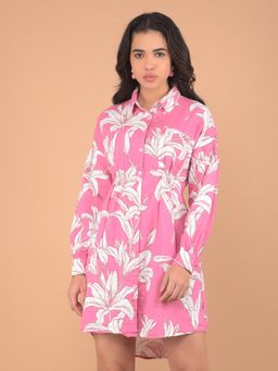 CRIMSOUNE CLUB - Women's Pink Floral Print Mini Shirt Dress