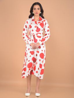 CRIMSOUNE CLUB - Women's Red Polka Dots Midi Length A-Line Dress with Belt (Set of 2)