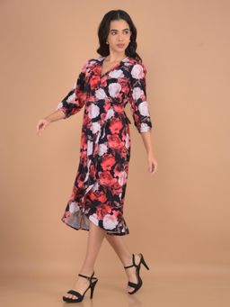 CRIMSOUNE CLUB - Women's Red Floral Print Midi Length A-Line Dress