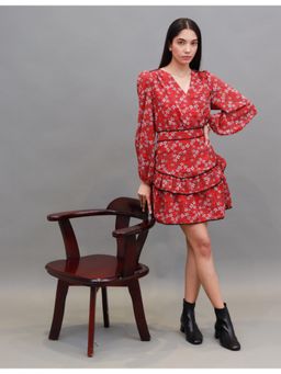NOBARR - Women's Polyester Fit and Flare Floral Print Red Dress