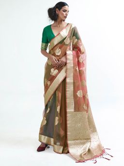 Odette - Brown Party Wear Organza Woven Design Saree with Unstitched Blouse