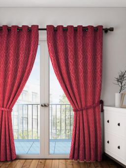 Swayam - Blackout Eyelet Door Curtain - Textured Pattern In Wine Red (7 feet)