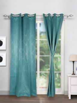 Swayam - Blackout Eyelet Door Curtain - Damask Pattern In Teal Blue