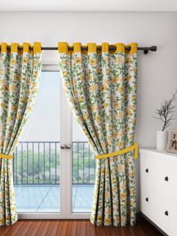 Swayam - Blackout Eyelet Door Curtain - White With Yellow Floral Print & Border (7 feet)