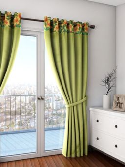 Swayam - Blackout Eyelet Door Curtain - Solid Green With Floral Border (7 feet)