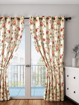 Swayam - Floral Eyelet Door Curtain - Cream Base With Red & Pink Bloom Print (7 feet)