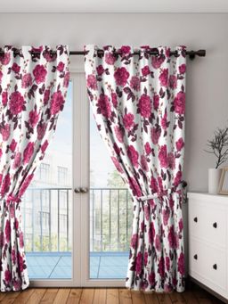 Swayam - Blackout Eyelet Long Door Curtain - Pink Floral Print On White Base (9 feet)