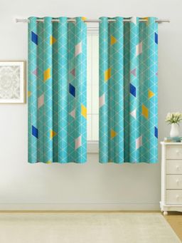 Swayam - Blackout Eyelet Window Curtain - Turquoise With Geometric Print