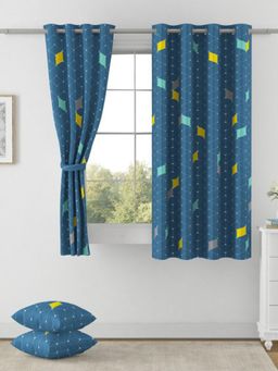 Swayam - Blackout Eyelet Window Curtain - Navy Blue With Geometric Print