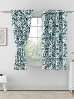 Swayam - Blackout Eyelet Window Curtain - White With Turquoise Floral Print