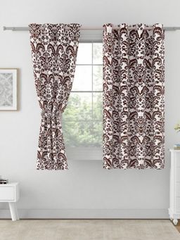 Swayam - Blackout Eyelet Window Curtain - White With Brown Damask Print
