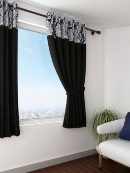 Swayam - Blackout Eyelet Window Curtain - Solid Black With White Floral Border