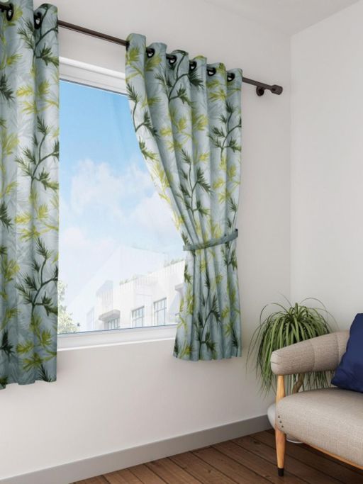 Swayam Blackout Eyelet Window Curtain - Green Leaf Print On Light Grey Base (5 feet)