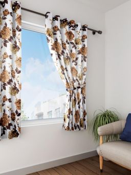 Swayam - Blackout Eyelet Window Curtain - Brown Floral Print On White Base (5 feet)
