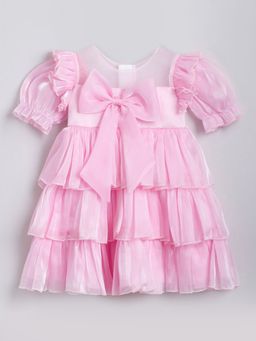 Hopscotch - Girls Pink Bow Applique Party Dress