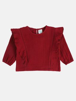 Hopscotch - Girls Maroon Solid Ruffled Full-Sleeve Cotton Top