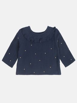 Hopscotch - Girls Navy Polka Dot Print Ruffled Full-Sleeve Cotton Top