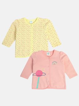 Hopscotch - Girls Pink and Yellow All-Over Print Full-Sleeve Cotton T-Shirt Pack of 2