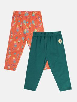 Hopscotch - Girls Coral and Teal All-Over Print Leggings Pack of 2