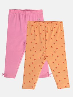 Hopscotch - Girls Orange and Pink Floral Print Leggings Pack of 2