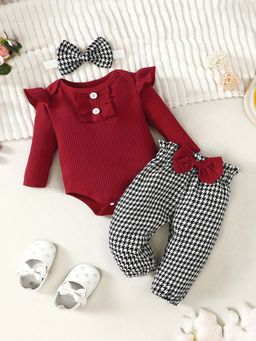 Hopscotch - Girls Maroon and Black Houndstooth Print Onesie and Pant Set with Bow Headband