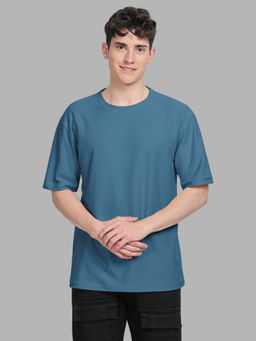BULLMER - Men Blue Textured Half Sleeve Oversized Crew Neck T-Shirt