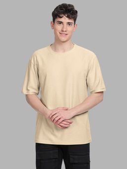 BULLMER - Men Beige Textured Half Sleeve Oversized Crew Neck T-Shirt