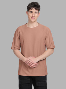 BULLMER - Men Brown Textured Half Sleeve Oversized Crew Neck T-Shirt