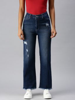 SHOWOFF - Women Mildly Distressed Navy Blue Wide Leg Denim Jeans