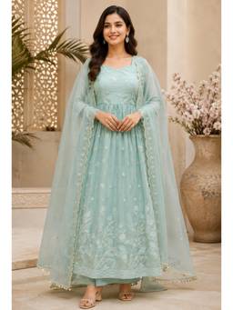 SILCHIC - Women Turquoise Blue Floral Embroidered Anarkali with Pant and Dupatta