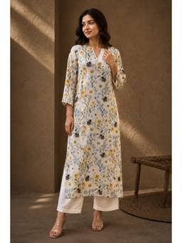 SILCHIC - Off White Women Floral Print Straight Kurta with Pant