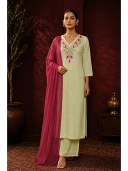 SILCHIC - Green Women Chanderi Silk Embroidery Kurta with Pant