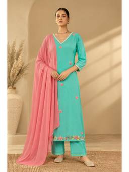 SILCHIC - Blue Women Upada Silk Embroidery Kurta with Pant
