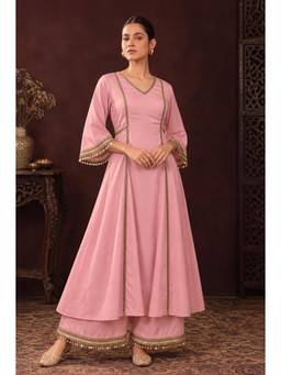SILCHIC - Women Pink Lace Work Anarkali Kurta with Palazzo