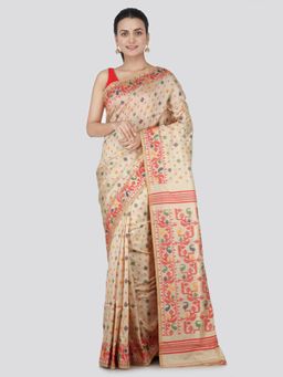 PinkLoom - Women's Silk Jamdani Saree With Unstitched Blouse Piece,Beige