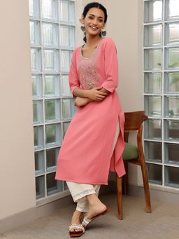 Libas - Pink Yoke Embroidered Straight Kurta
