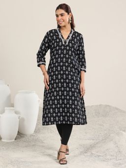 Libas - Black Ethnic Motif Printed Straight Kurta with Pocket