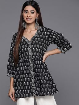 Libas - Black Cotton Ethnic Printed A-Line Kurti