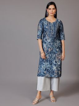 Libas - Navy Blue Silk Blend Embroidered Straight Kurta
