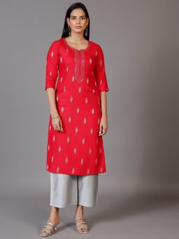 Libas - Red Viscose Rayon Straight Kurta