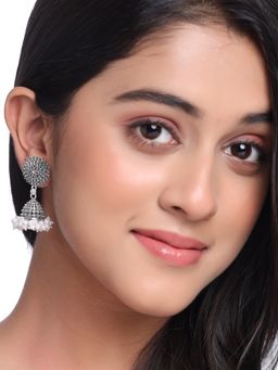 NVR - Silver Toned Dome Shaped White Pearl Jhumkas Earrings