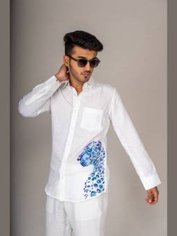 MENOIR - Cheetah Painted White Linen Shirt