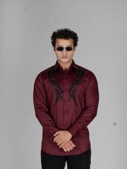 MENOIR - Centered Wine Embroidered Shirt